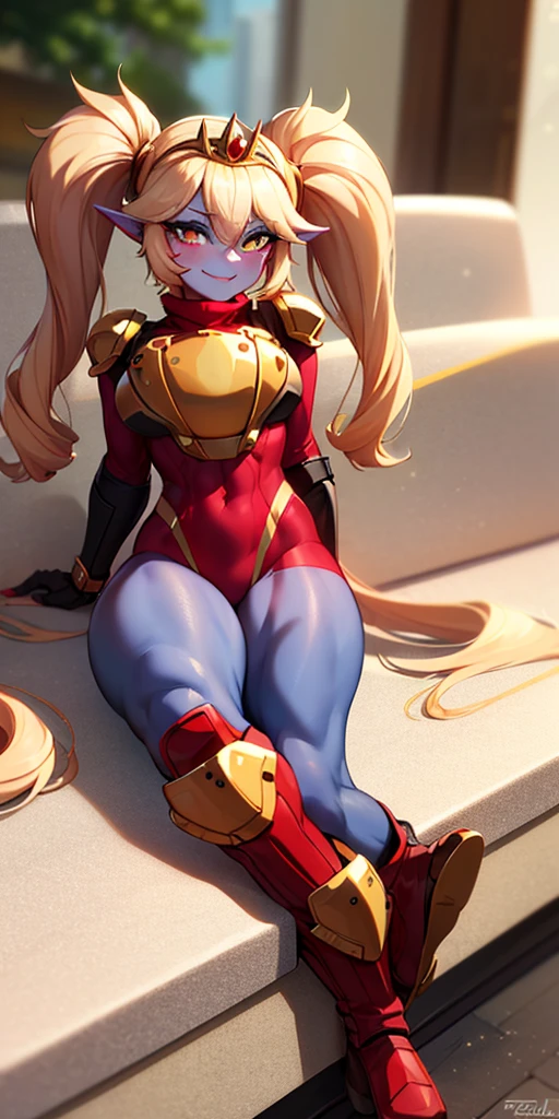 elegant adult female, blonde, green eyes (yellow eyelashes) crown, turtleneck, full body sitting on a bench, showing ass to me, RED breastplate, RED skin (1SologirlRED skin:1.2), looking at viewer, shiny, armor, thigh highs, high boots, pauldrons shoulder armor, faulds, poleyn, RED gloves gauntlets, rerebrace, RED military armored boots, yordle muscular lean platinum blonde long twin tails hairstyle at the bedroom lustful smirking smile face red blushed, blush, strong abs, female body builder, tiara, twin drills hair, (masterpiece, best quality, ultra detailed, best shadow)