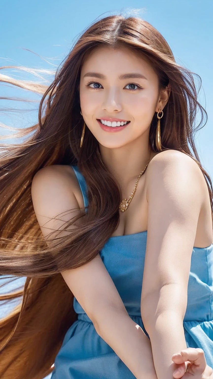 (Highest quality:1.1)、(Photorealistic:1.1)、(photograph:1.1)、Browsing Caution,,(Very detailed:1.1)、Audience、Bangles、Jade Bracelet、Jade Earrings、eyelash、Toothless smile、Beautiful detailed girl、(Very detailed目と顔)、(Shine light on your face)、Jade Necklace、Summer clothes、(Report:1.5)、(Coastal、Palm tree)、(Skin that glows in the sunlight)、See-through、Light brown eyes、(((Hair blowing in the strong wind)))、((Perfectly anatomically balanced style))、Cute pose、Sexy pose、A body like a big blue eye、Reddish brown hair