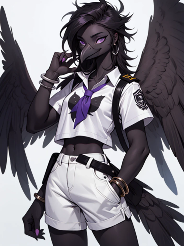  an Anthropomorphic avian crow girl, female, black birds crest on head, small grey beak, tall,  black arms and legs, black body, wingless, no wings, standing, white background, purple eyes, humanoid body, humanoid arms, hands with five fingers, wearing white shirt, white shorts, silver bracelets, 