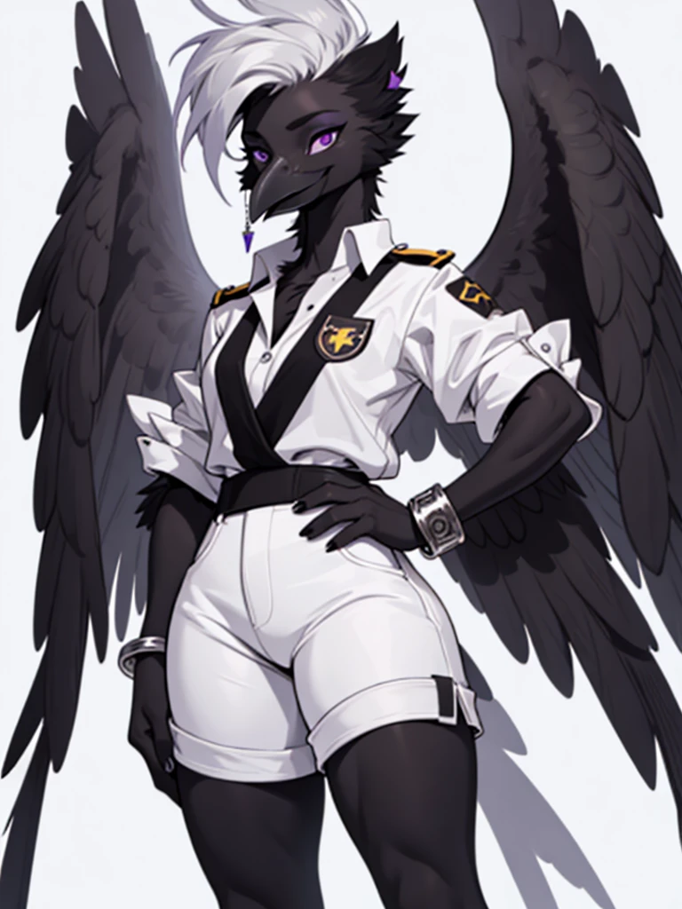  an Anthropomorphic avian crow girl, female, black birds crest on head, small grey beak, tall,  black arms and legs, black body, wingless, no wings, standing, white background, purple eyes, humanoid body, humanoid arms, hands with five fingers, wearing white shirt, white shorts, silver bracelets, 