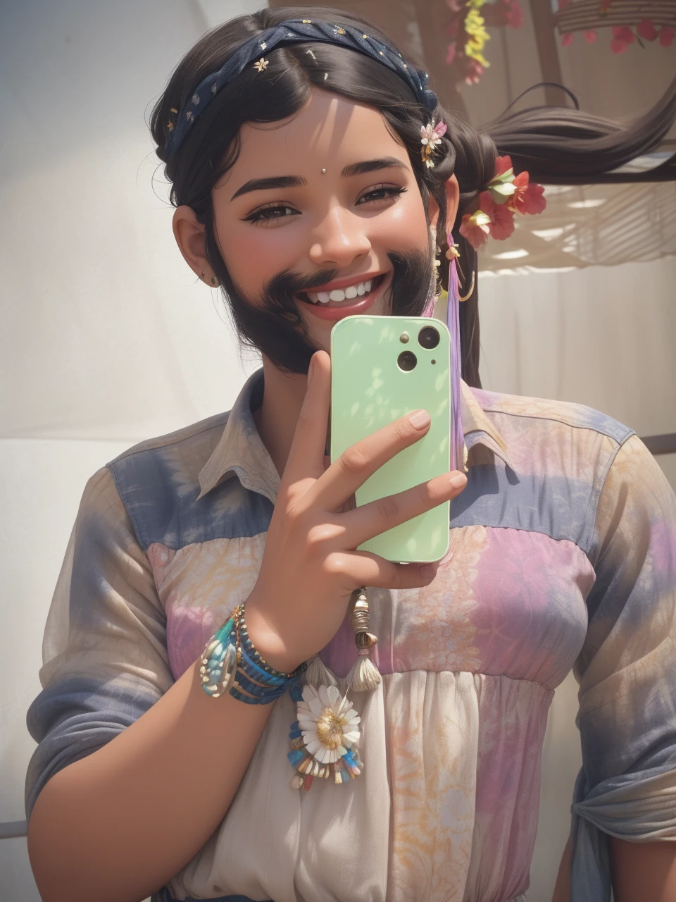 Foto hiperrealista en primer plano de Kelsey Asbille, dressed in a tie-dye maxi dress or a peasant blouse paired with bell-bottom jeans and fringe accessories. She wears a headband or flower crown in her long, flowing hair. The setting is a bohemian-inspired outdoor music festival or a peaceful nature backdrop, capturing the free-spirited and laid-back vibe of the era 60Retro69Punch75, beautiful woman, skinny, large big breasts, black long hair, detailed face, smile, facing the camera, photo taken from a distance, age of 25 years old