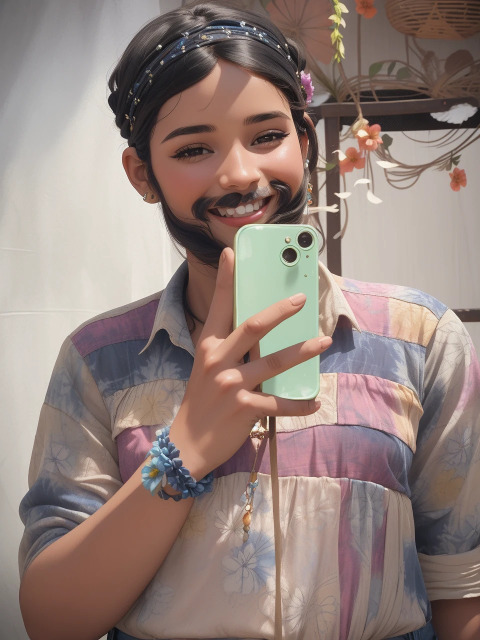 Foto hiperrealista en primer plano de Kelsey Asbille, dressed in a tie-dye maxi dress or a peasant blouse paired with bell-bottom jeans and fringe accessories. She wears a headband or flower crown in her long, flowing hair. The setting is a bohemian-inspired outdoor music festival or a peaceful nature backdrop, capturing the free-spirited and laid-back vibe of the era 60Retro69Punch75, beautiful woman, skinny, large big breasts, black long hair, detailed face, smile, facing the camera, photo taken from a distance, age of 25 years old