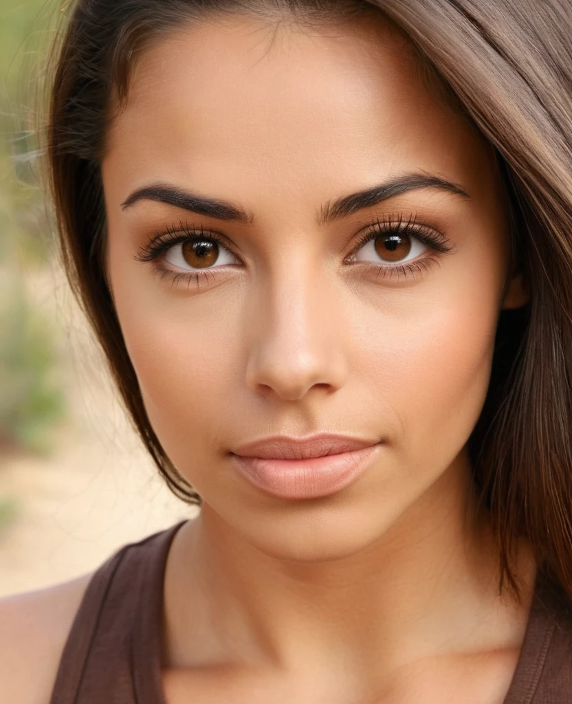 woman with a brown tank top and a brown shirt, perfect face ), perfect face!!!, gorgeous attractive face, gorgeous latina face, beautiful perfect face, beautiful facial features, perfect face and eyes, perfect face, perfect face!!, extremely beautiful face, looking down on the camera, gorgeous face, perfect facial features, close-up perfect face