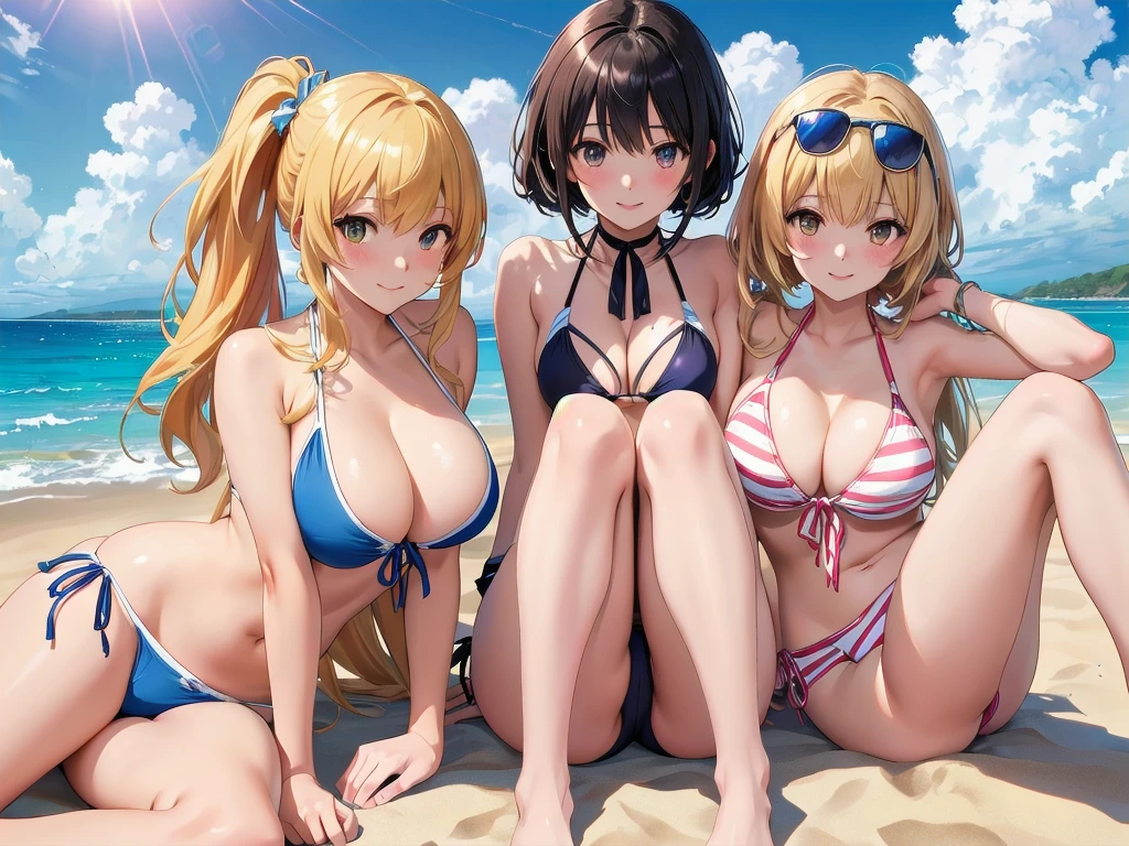 High resolution、high resolution、masterpiece、8K,Anime Girls in bikinis on the beach with a blue sky, At the Beach, two beautiful Anime Girls, Naughty, Anime Girls, At the Beach, Naughty アニメ style, tits, At the Beach, Swimwear, Beeching, Realistic Bikini, 太陽が輝くAt the Beach, Lizalynn Stout、Claudia.Valent、titsを露出、