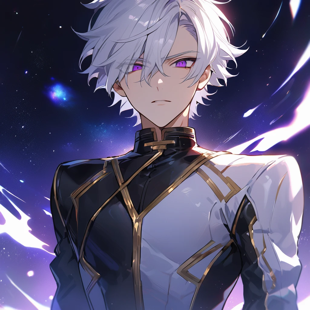 High quality, HD, 4k, no shadows, handsome male, 1male, 17 years old, teenager, golden lining, short white hair, sharp eyes, dark purple eyes, deep purple eyes, devil may cry, close up, calm expression, stoic expression, black leather clothes, white leather clothing, lean body, well trained body, upper body, looking at viewer, cowboy shot, white solar, space background