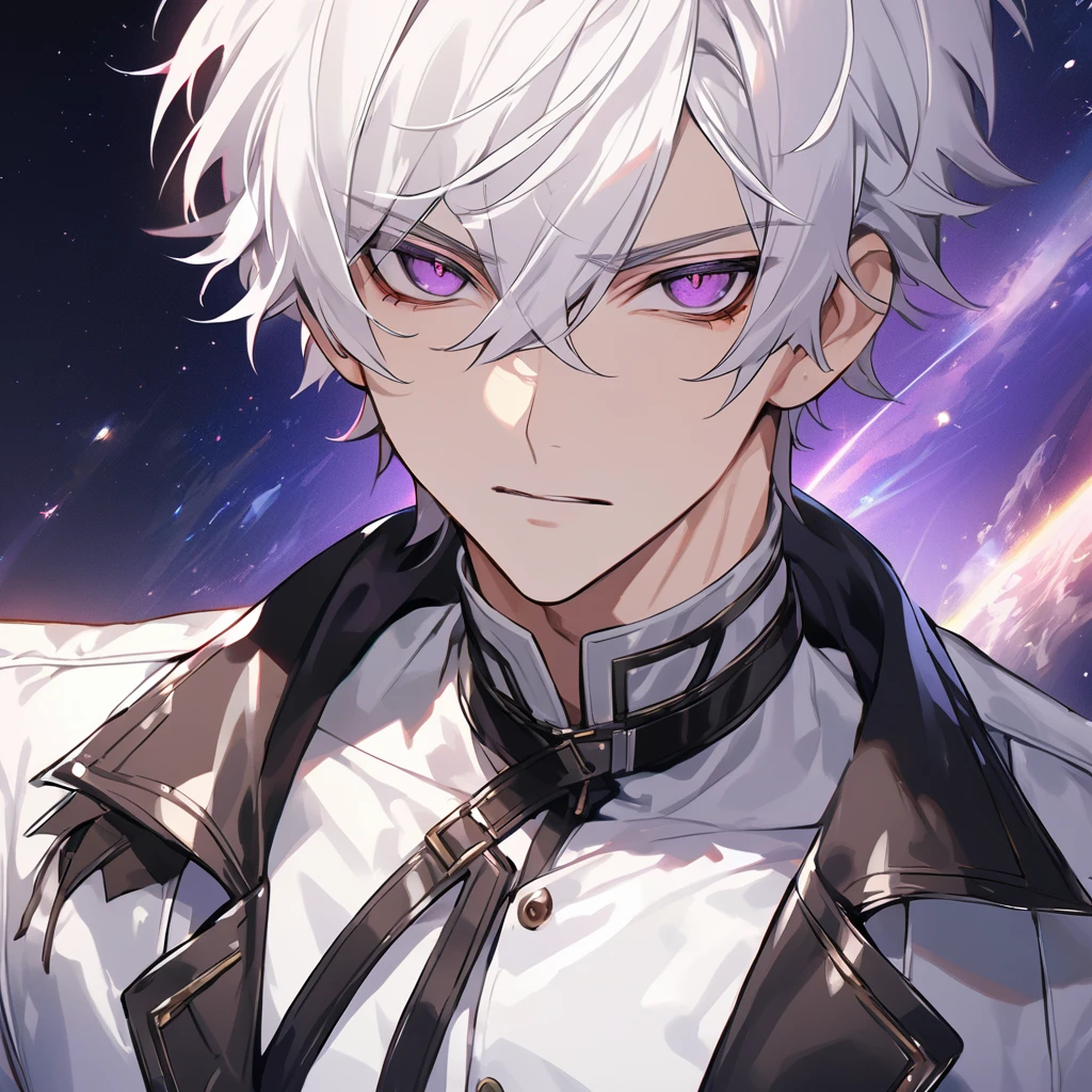 High quality, HD, 4k, no shadows, handsome male, 1male, , teenager, go lining, short white hair, sharp eyes, dark purple eyes, deep purple eyes, devil may cry, close up, calm expression, stoic expression, black leather clothes, white leather clothing, lean body, well trained body, upper body, looking at viewer, cowboy shot, white solar, space background