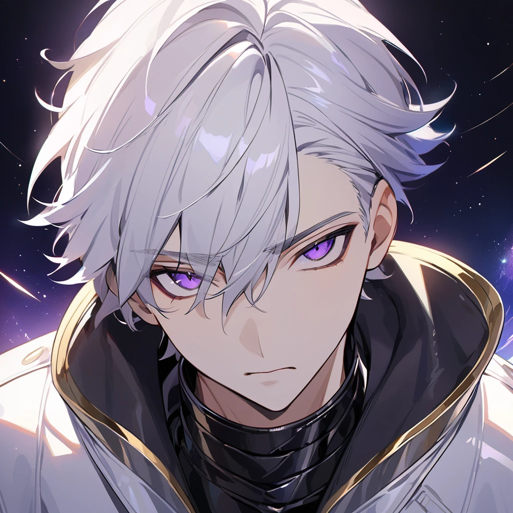 High quality, HD, 4k, no shadows, handsome male, 1male, 17 years old, teenager, golden lining, short white hair, sharp eyes, dark purple eyes, deep purple eyes, devil may cry, close up, calm expression, stoic expression, black leather clothes, white leather clothing, lean body, well trained body, upper body, looking at viewer, cowboy shot, white solar, space background