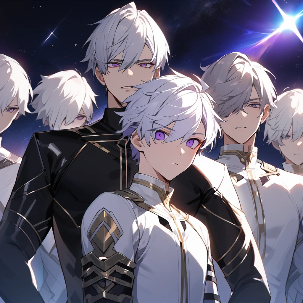 High quality, HD, 4k, no shadows, handsome male, 1male, 17 years old, teenager, golden lining, short white hair, sharp eyes, dark purple eyes, deep purple eyes, devil may cry, close up, calm expression, stoic expression, black leather clothes, white leather clothing, lean body, well trained body, upper body, looking at viewer, cowboy shot, white solar, space background