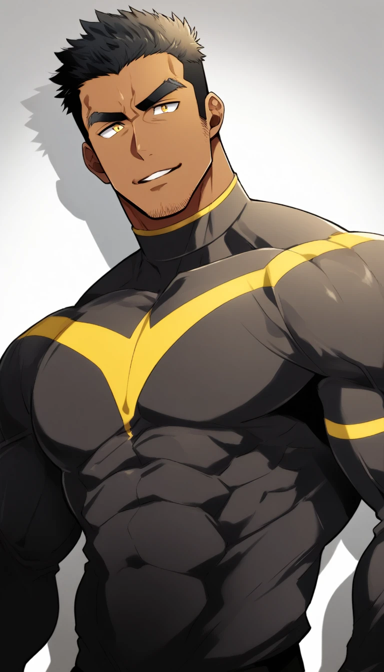 anime characters:Tights superhero, Muscle superhero, negro black skin, 1 dark skin muscular tough guy, Manliness, male focus, Yellow and black striped high collar long sleeve tight T-shirt, Slightly transparent material, Very tight, Round, full and perky chest muscles,Male dog waist,Slightly transparent, muscular male, muscular, only, Upper body, alone, Black short hair, Thick eyebrows, stubble, Yellow eyes, Grey background, simple background, amazing quality, best aesthetics, Ridiculous, bright pupils, crew cut, parted lips, seductive smile, torogao, naughty face, drop shadow, best quality