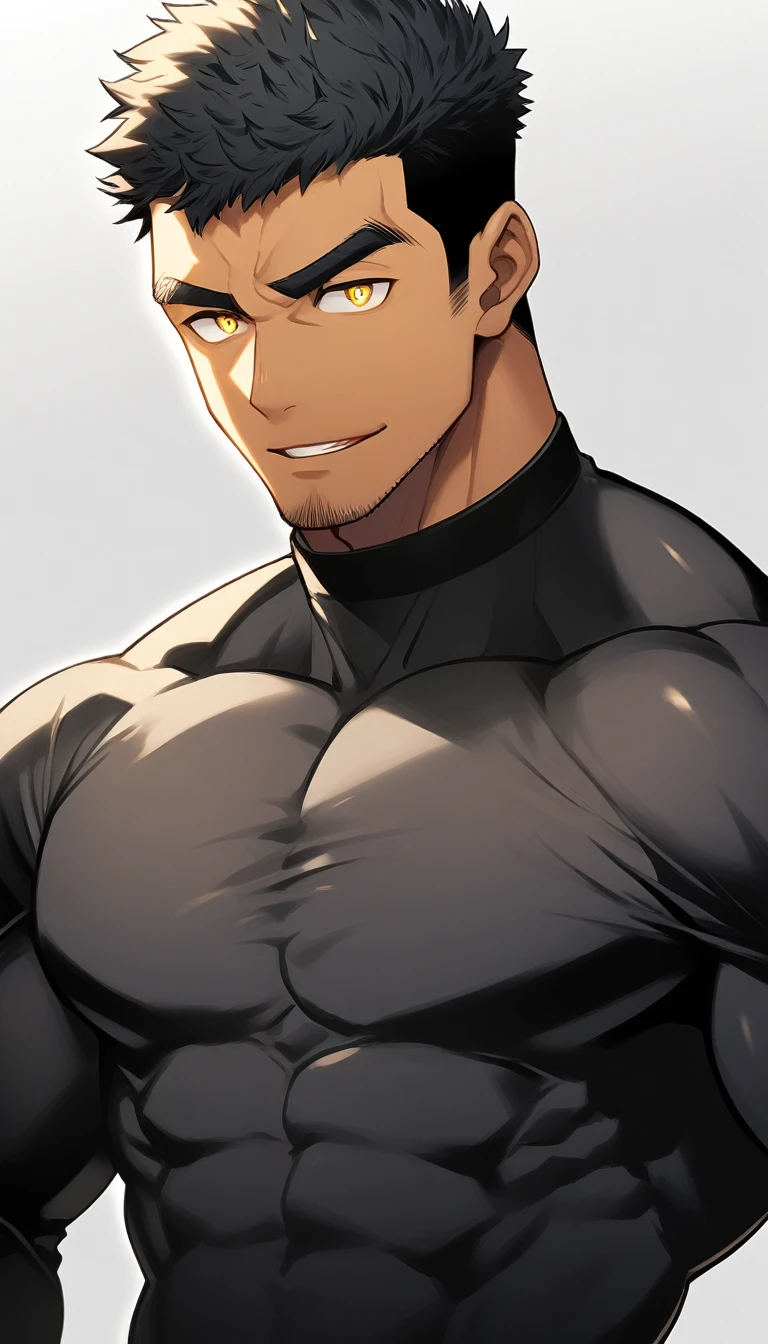 anime characters:Tights superhero, Muscle superhero, negro black skin, 1 dark skin muscular tough guy, Manliness, male focus, Yellow and black striped high collar long sleeve tight T-shirt, Slightly transparent material, Very tight, Round, full and perky chest muscles,Male dog waist,Slightly transparent, muscular male, muscular, only, Upper body, alone, Black short hair, Thick eyebrows, stubble, Yellow eyes, Grey background, simple background, amazing quality, best aesthetics, Ridiculous, bright pupils, crew cut, parted lips, seductive smile, torogao, naughty face, drop shadow, best quality