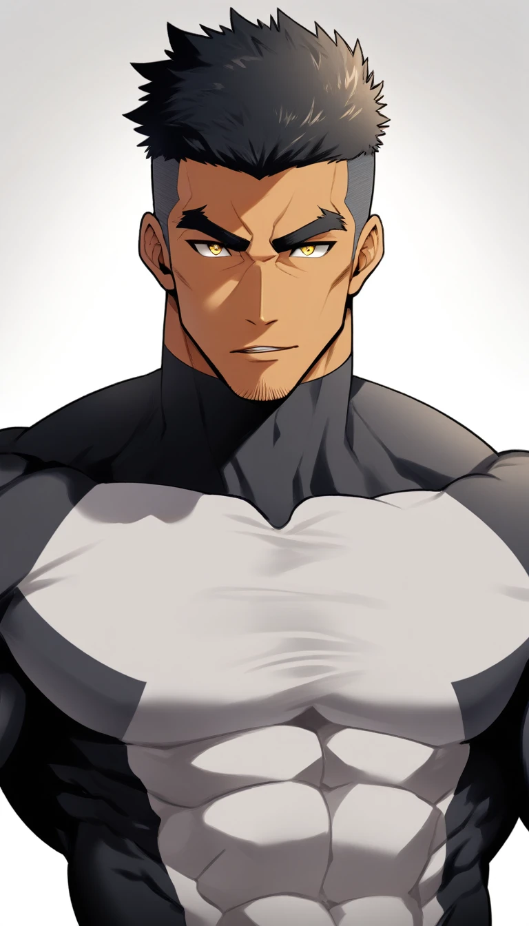 anime characters:Tights superhero, Muscle superhero, negro black skin, 1 dark skin muscular tough guy, Manliness, male focus, Yellow and black striped high collar long sleeve tight T-shirt, Slightly transparent material, Very tight, Round, full and perky chest muscles,Male dog waist,Slightly transparent, muscular male, muscular, only, Upper body, alone, Black short hair, Thick eyebrows, stubble, Yellow eyes, Grey background, simple background, amazing quality, best aesthetics, Ridiculous, bright pupils, crew cut, parted lips, seductive smile, torogao, naughty face, drop shadow, best quality