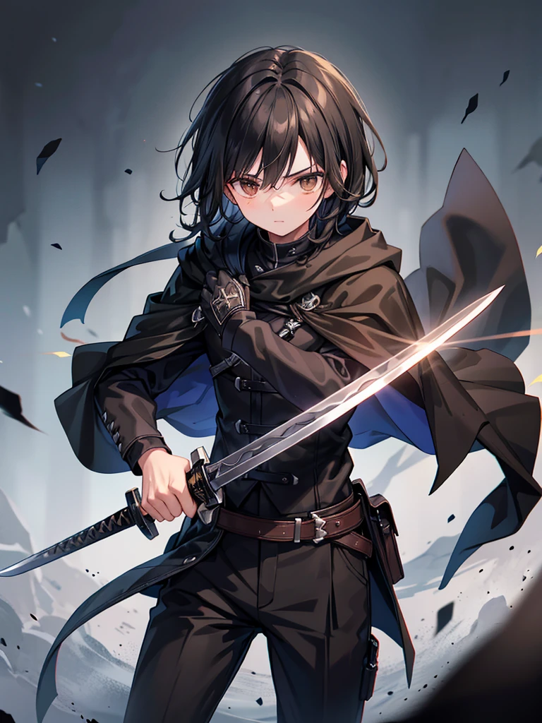 teenage man, medium length black hair, brown eyes, black cloak, black pants, black shirt, wield black bladed sword
