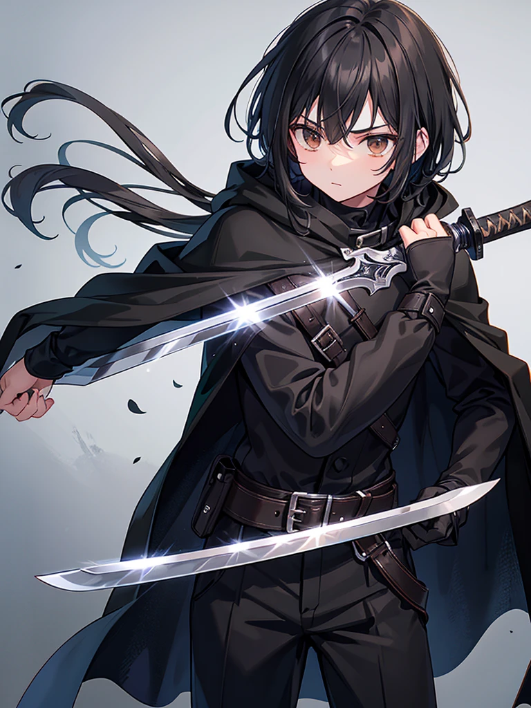 teenage man, medium length black hair, brown eyes, black cloak, black pants, black shirt, wield black bladed sword