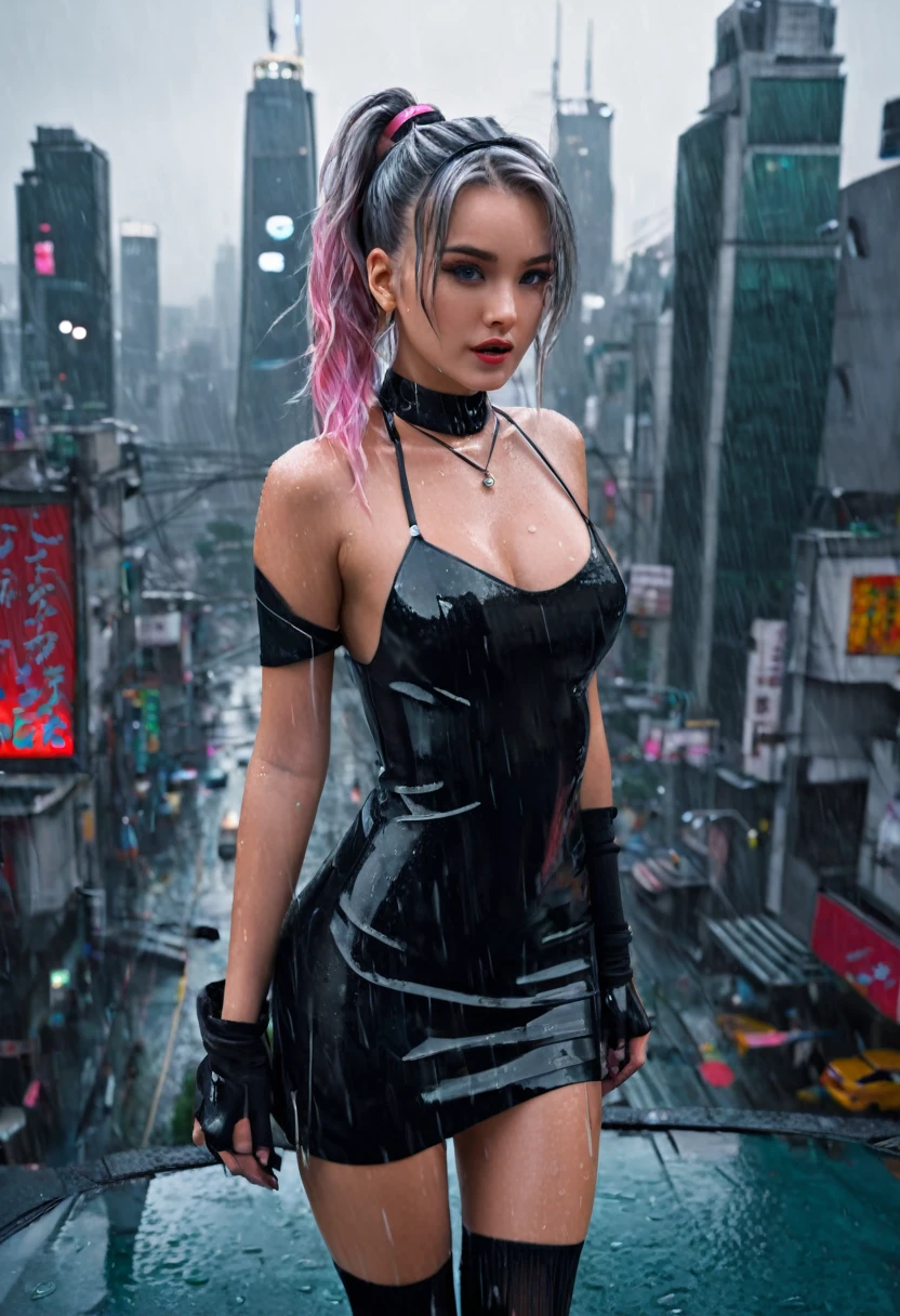 (8K、RAW Photos、Highest quality、Masterpiece: 1.2)Highest quality, masterpiece, ultra high resolution high resolution{{Tabletop}}, {{Highest quality}}, Wet day, Cityscape, In Cyberpunk City, Cityscape, Huge_file size, wallpaper, girl, Medium Hair, Gray Hair, Wavy Hair, Hair Bun, hairpin, Pink Hairband, Beautiful attention to detail,Short dress {Transparent bottom},, knees_High heels,necklace, Black Choker , half gloves , Fingerless_Mitt, Sexy standing pose、