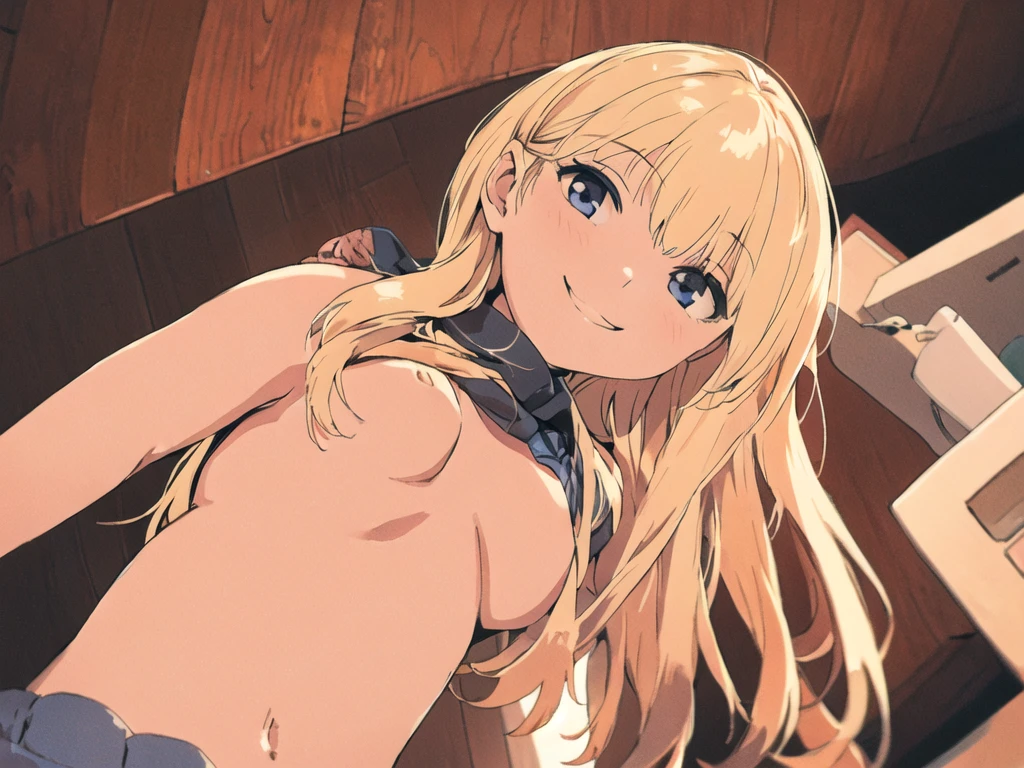 solo, 1girl, simple background, seductive smile, ((middle breasts)), middle hair, blonde, hizam, from below