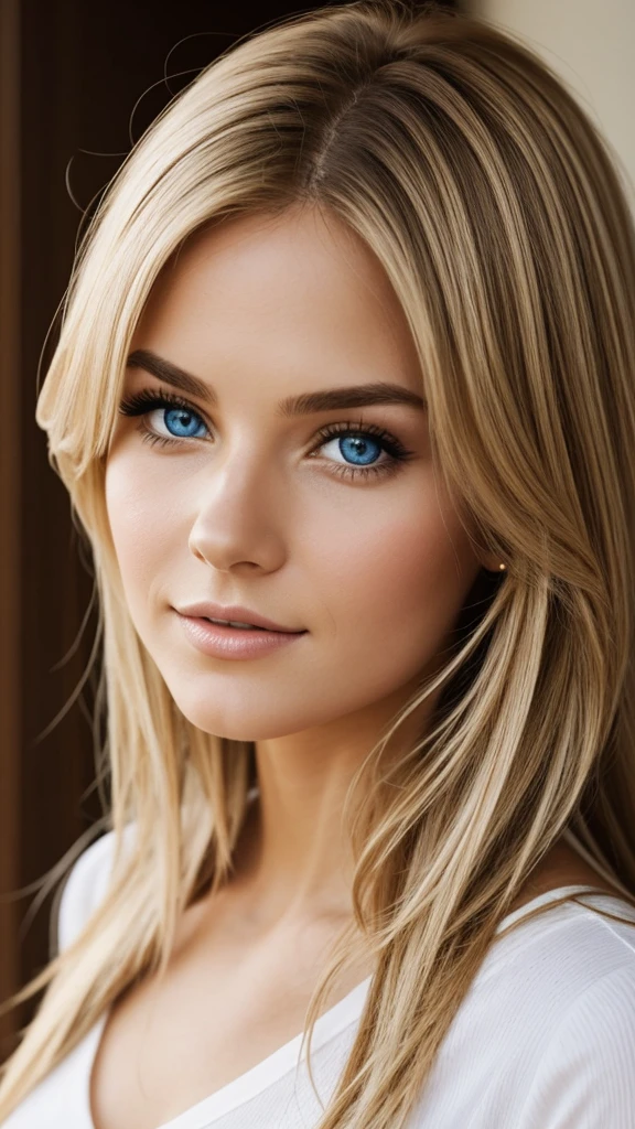 Girl with a beautiful look, blonde with blue eyes and realistic ,put filter to make the girl very realistic 