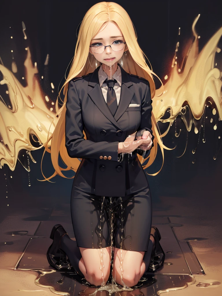 masterpiece, best quality, blonde hair, sfKolin, glasses, black shiny skirt suit, (((three-piece suit))), necktie, blazer, suit jacket, waistcoat, bodycon skirt, snow, grey sky, black gloves, holding clipboard, smiling, looking at viewer, kneeling, blowjob, penis in mouth, oral sex, fellatio (wetting herself:2.0),