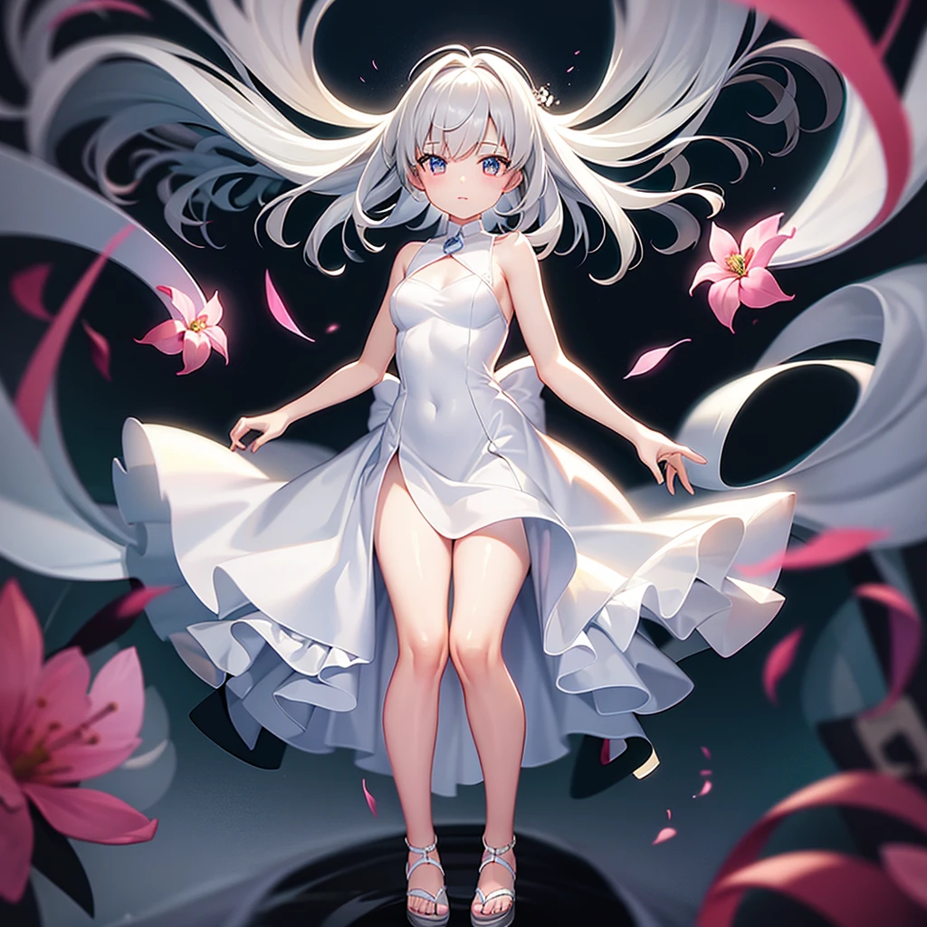 (((White Wedding Dress))), ((Bellline)),((In a naughty way)),Cute little loli,Tiny Lori,Small girl,,Childish face, Very fine clean face,Top quality, Big eyes,Straight Hair,Yellow hair,Crimson Eye,(Dark Room), Subtle light, Natural light,Soft lighting,Light from directly behind, (Are standing), Cute pose, (Open your hands), Showing the whole body,Front view,Black background