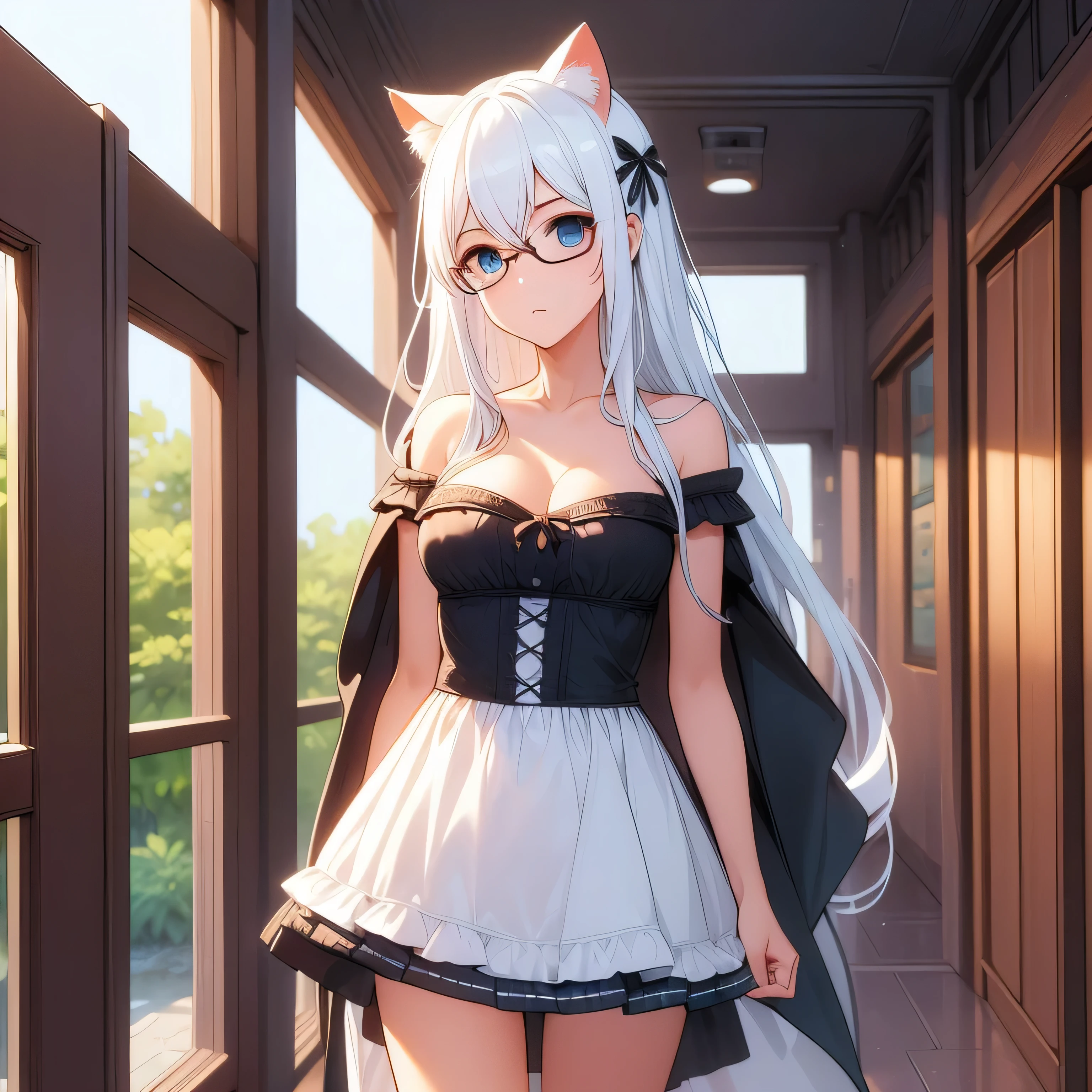 1 woman, blue eyes, hair ornament, flower, white hair, cat ears, BREAK dress, bow, bare shoulders, cape, gemstone, apron, skirt, frills, high collar, BREAK indoors, BREAK looking at viewer, (cowboy shot:1.5), BREAK (masterpiece), best quality, high resolution, unity 8k wallpaper, (beautiful detailed eyes:1.6), extremely detailed face, perfect lighting, extremely detailed CG, (perfect hands, perfect anatomy), cleavage, black ribbon, glasses, adult anime woman, cherry blossom
