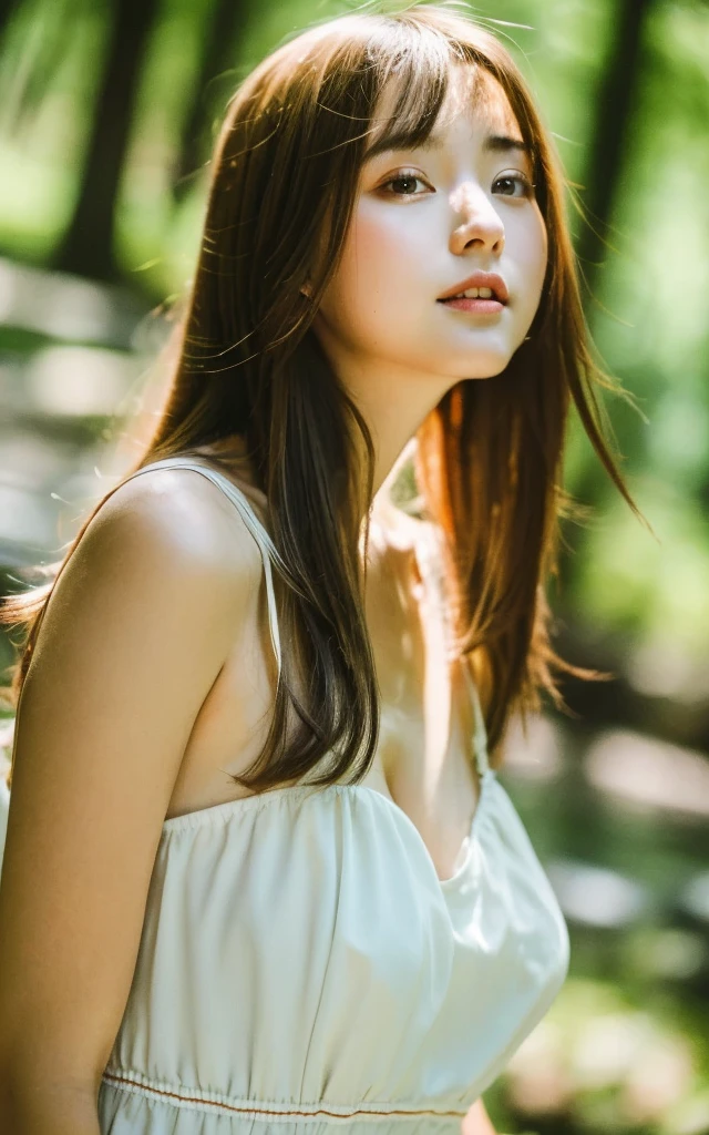 masterpiece, Best Quality, 8K, 1 girl, Japanese cute girl, in summer, forest, stream, out of focus, 18 yo, large breasts, Mouth slightly open, cute little, Solo, sad, summer dress, Girly, Delicate girl, Neat and clean beauty, Raw photo, Professional Photography, Portrait, Soft light, Professional Lighting, Back lighting, Upper body, see the beholder, Sophisticated, Film grain, (Eyes and faces with detailed:1.0), medium hair swaying in the wind, beautiful flowing brown hair,