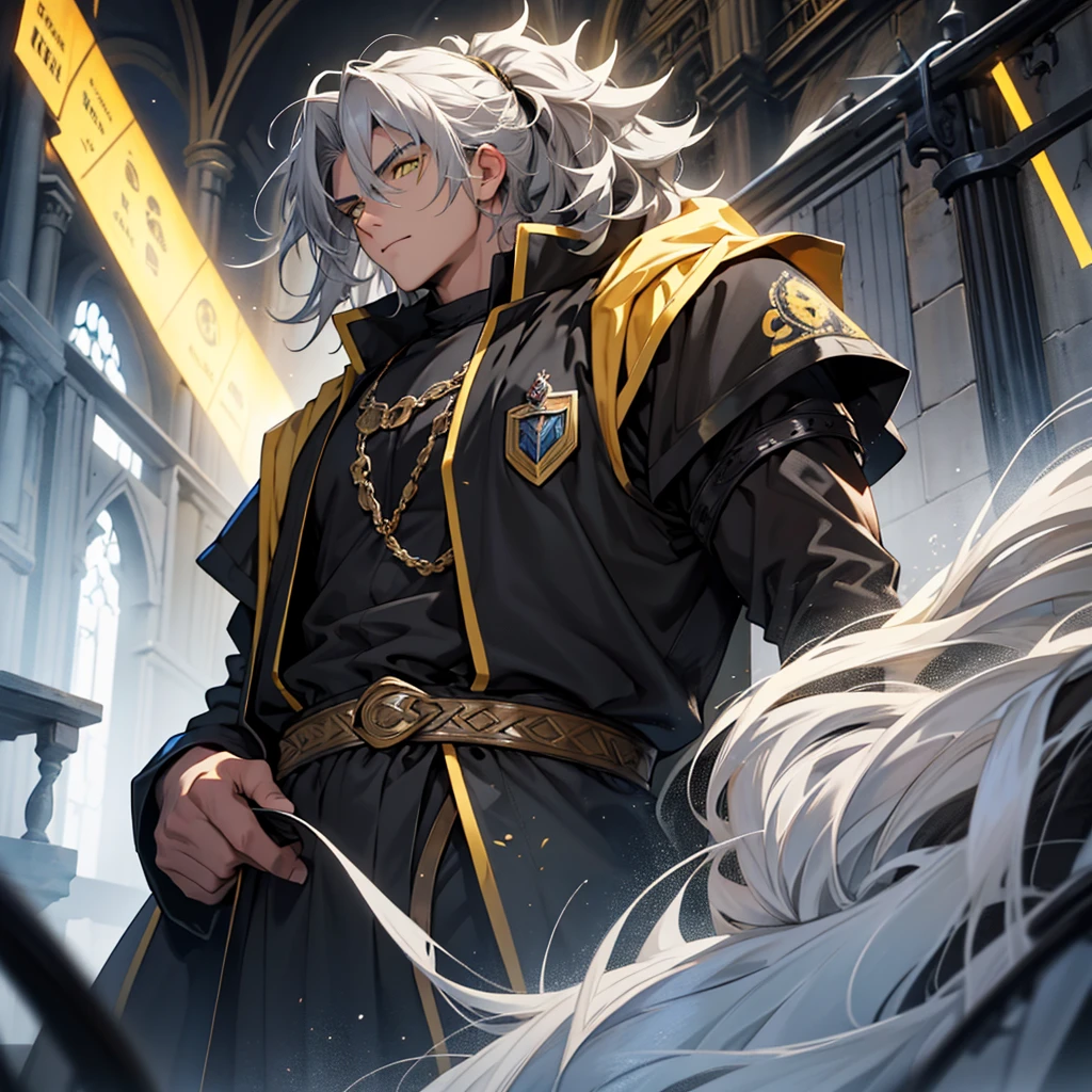 A boy, big gray hair, gray hair, big hair, yellow eyes, suit, wearing a black suit, medieval period, medieval background, Ultra HD 4k, 4k, Ultra HD