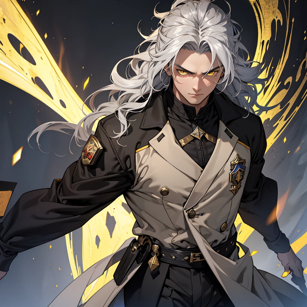 A 17 year old boy, big gray hair, gray hair, big hair, yellow eyes, suit, wearing a black suit, medieval period, medieval background, Ultra HD 4k, 4k, Ultra HD
