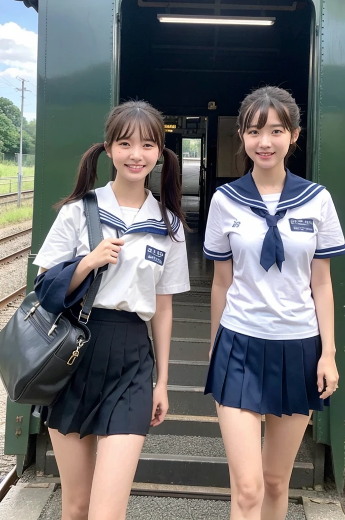 2 girls walking in rural railway station,Japanese large express train,cumulonimbus cloud in summer blue sky,white sailor shirt,navy blue pleated skirt,student bag,18-year-old,bangs,a little smile,thighs,knees,wet short hair with low pigtails bunches,from beside,front light