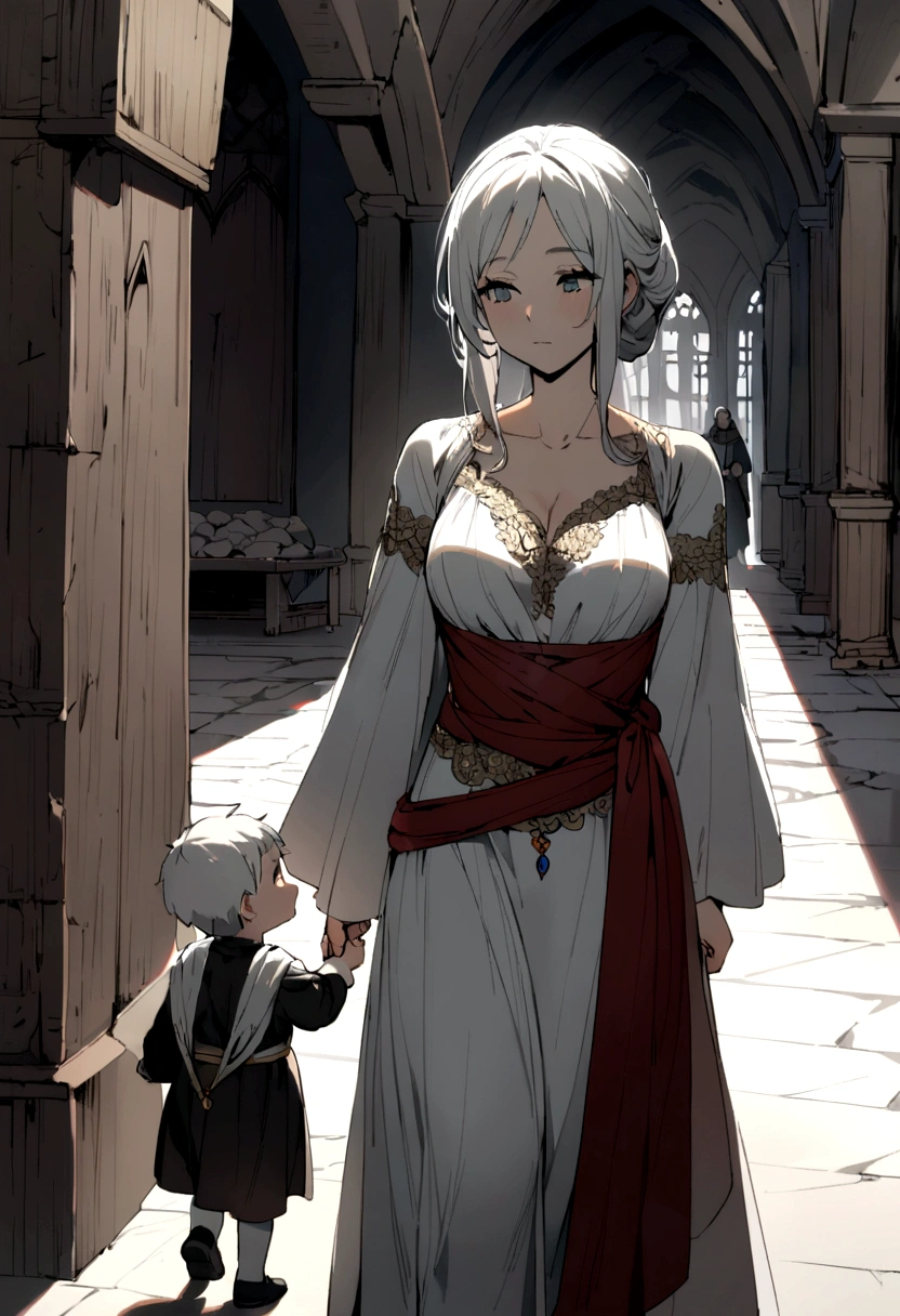 2 year old boy, with silver hair , walking into a large medieval room, and his mother, a young woman with white hair, looking at him from the background