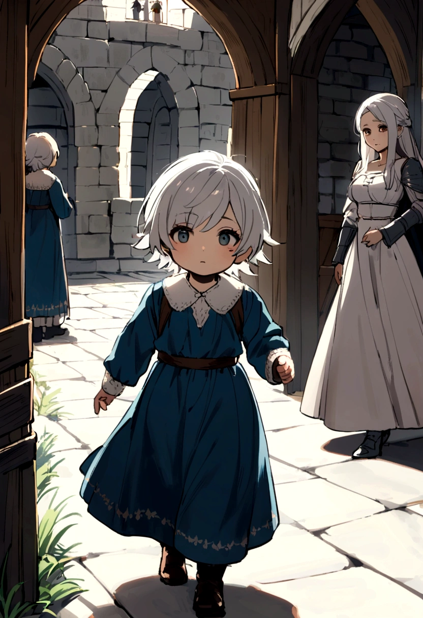 2 year old boy, with silver hair , walking into a large medieval room, and his mother, a young woman with white hair, looking at him from the background