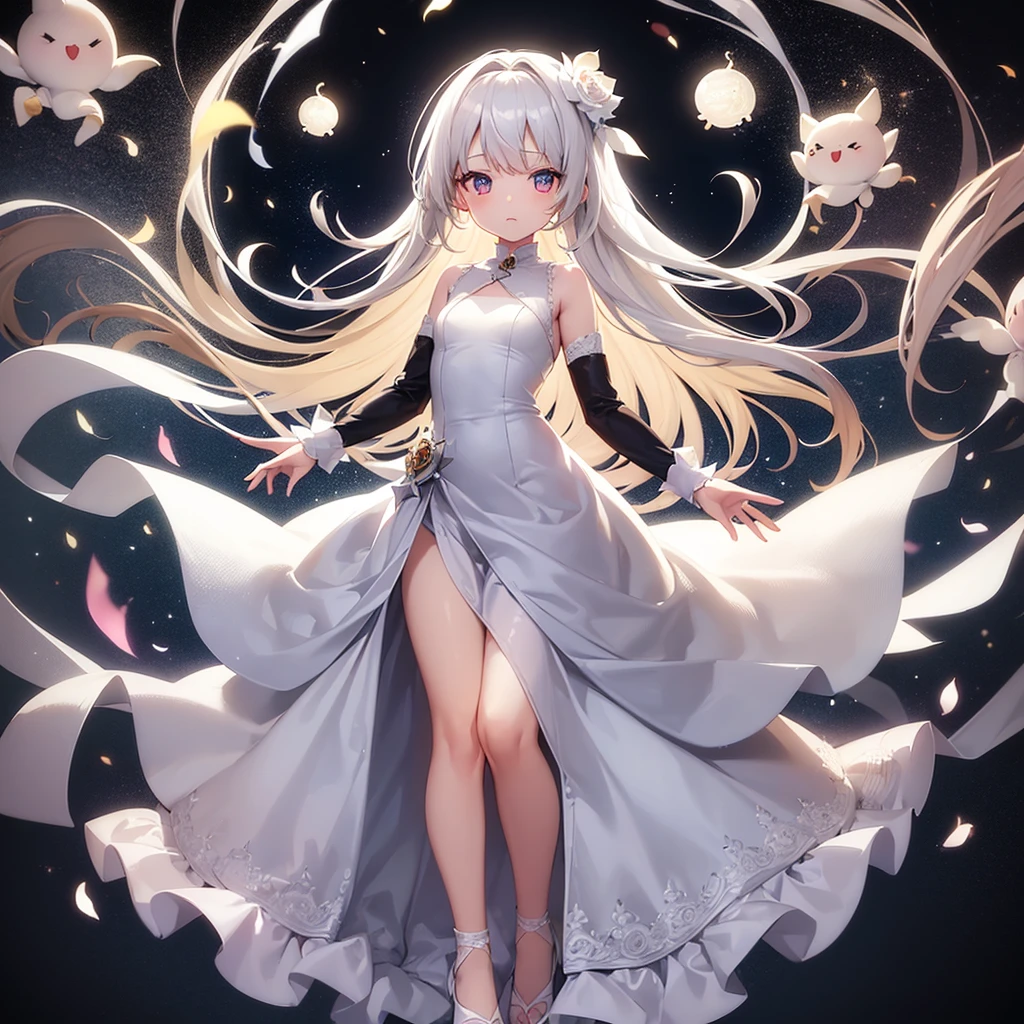 (((White Wedding Dress))), ((Bellline)),((In a naughty way)),Cute little ,Tiny Lori,Small girl,,Childish face, Very fine clean face,Top quality, Big eyes,Straight Hair,Yellow hair,Crimson Eye,(Dark Room), Subtle light, Natural light,Soft lighting,Light from directly behind, (Are standing), Cute pose, (Open your hands), Showing the whole body,Front view,Black background