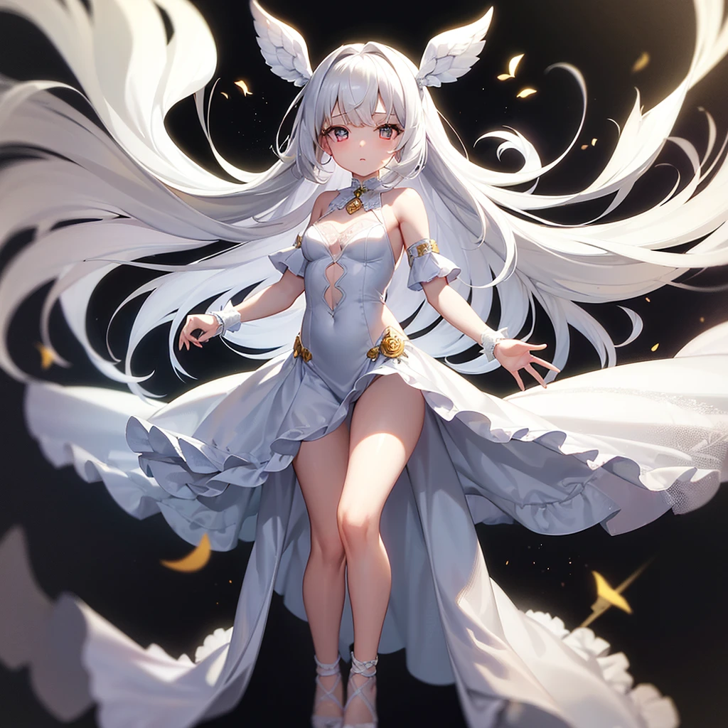 (((White Wedding Dress))), ((Bellline)),((In a naughty way)),Cute little loli,Tiny Lori,Small girl,,Childish face, Very fine clean face,Top quality, Big eyes,Straight Hair,Yellow hair,Crimson Eye,(Dark Room), Subtle light, Natural light,Soft lighting,Light from directly behind, (Are standing), Cute pose, (Open your hands), Showing the whole body,Front view,Black background