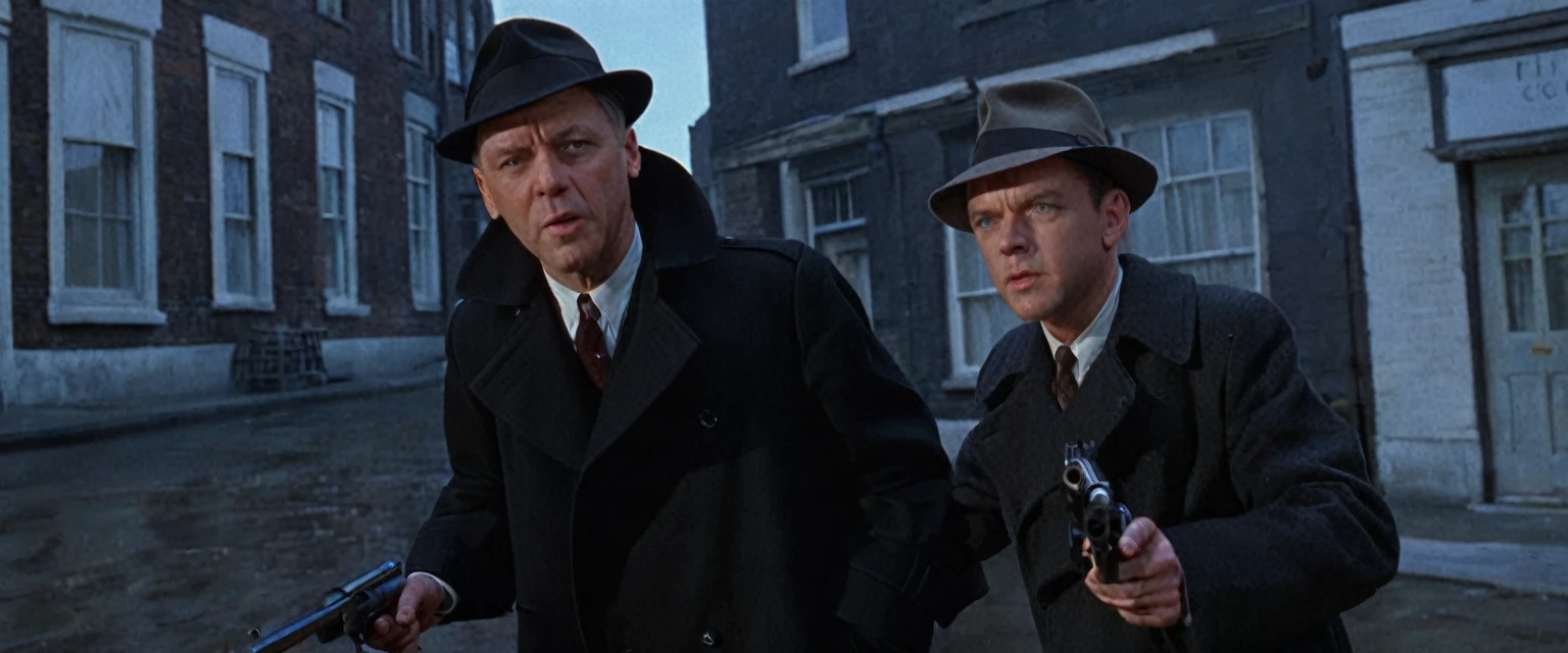 score_9, score_8_up, score_7_up, source_photo, photography, realistic, , detailed, cinematic angle, rating from side, safe, Wide shot, 1boy, 45years old, Eliot Ness in Black Trench Coat is holding a submachine gun to viewer, masterpiece, 8k,
