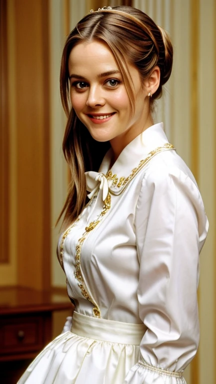 Alicia Silverstone dressed in fine china clothes and a smile