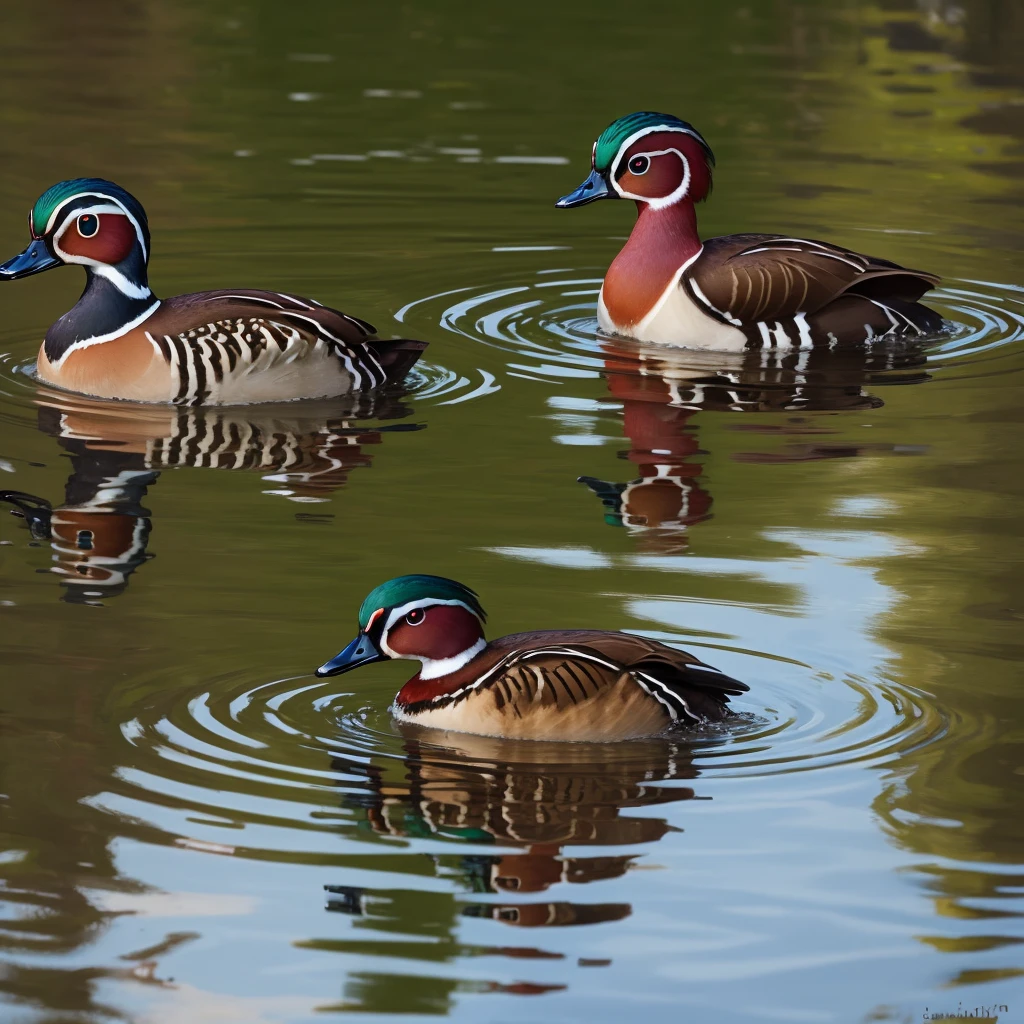 wood duck swimming in a grassing pond. Close shot.