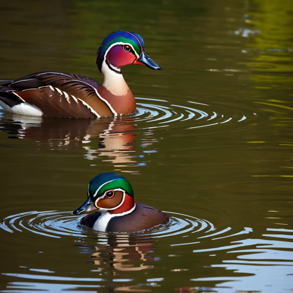 wood duck swimming in a grassing pond. Close shot.
