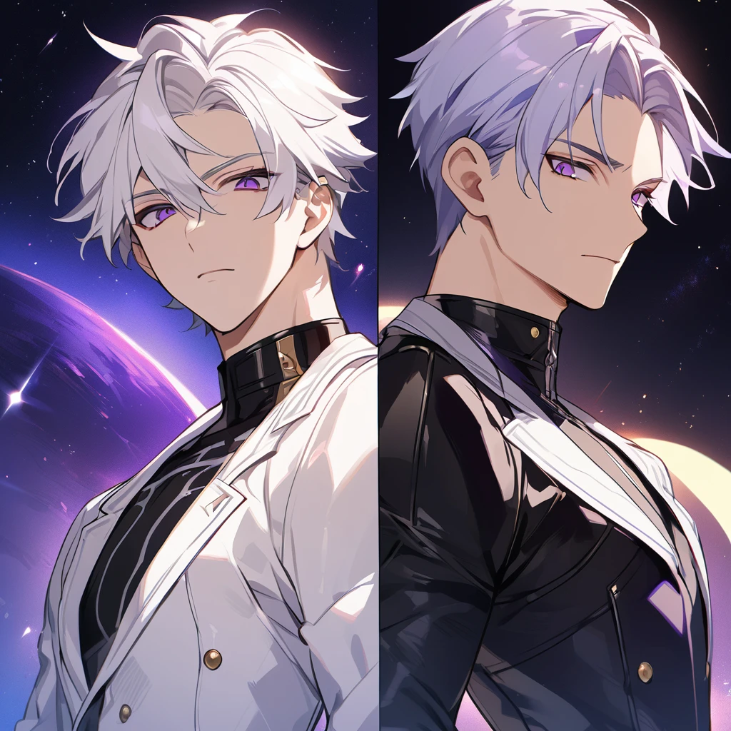 High quality, HD, 4k, no shadows, handsome male, 1male, , teenager, go lining, short white hair, sharp eyes, dark purple eyes, deep purple eyes, devil may cry, close up, calm expression, stoic expression, black leather clothes, white leather clothing, lean body, well trained body, upper body, looking at viewer, cowboy shot, white solar, space background