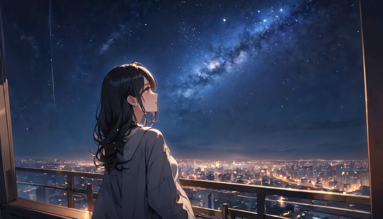 (Highest quality), Girl looking at the night view,Black Hair,Beautiful starry sky