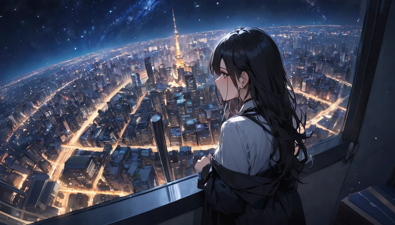 (Highest quality), Girl looking at the night view,Black Hair,Beautiful starry sky