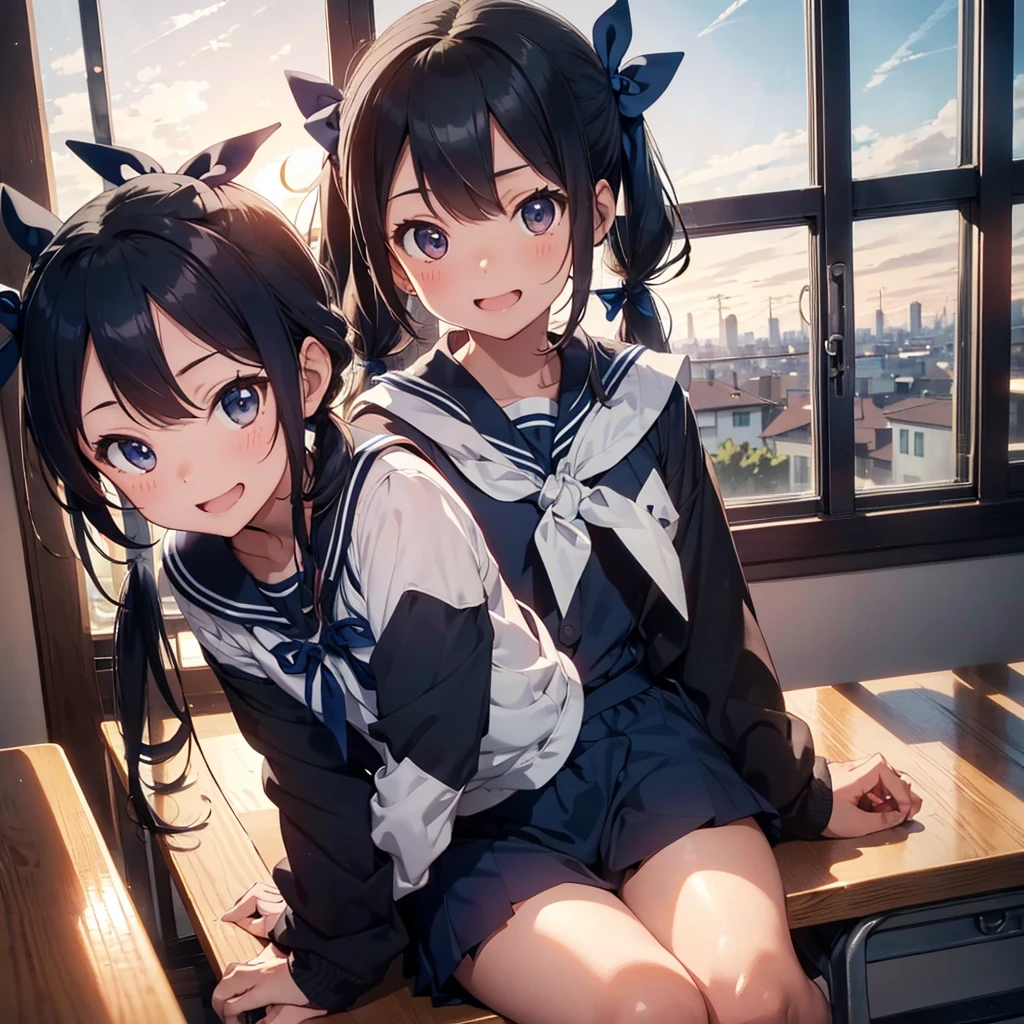 Highest quality, Very detailed, masterpiece, One Girl, Sitting in a chair Smiling, Open Mouth, 15yo, (low twintails:1.2), Low Pigtails, Black Hair, Long Hair, (Navy blue sailor suit with blue ribbon:1.4), Long sleeve, School desk, School Chair, classroom, from the front, window, distant cityscape, A town with hills, Sea in the back, 16 o'clock, Orange sky, anime, (Close up on face), First-person view, alone