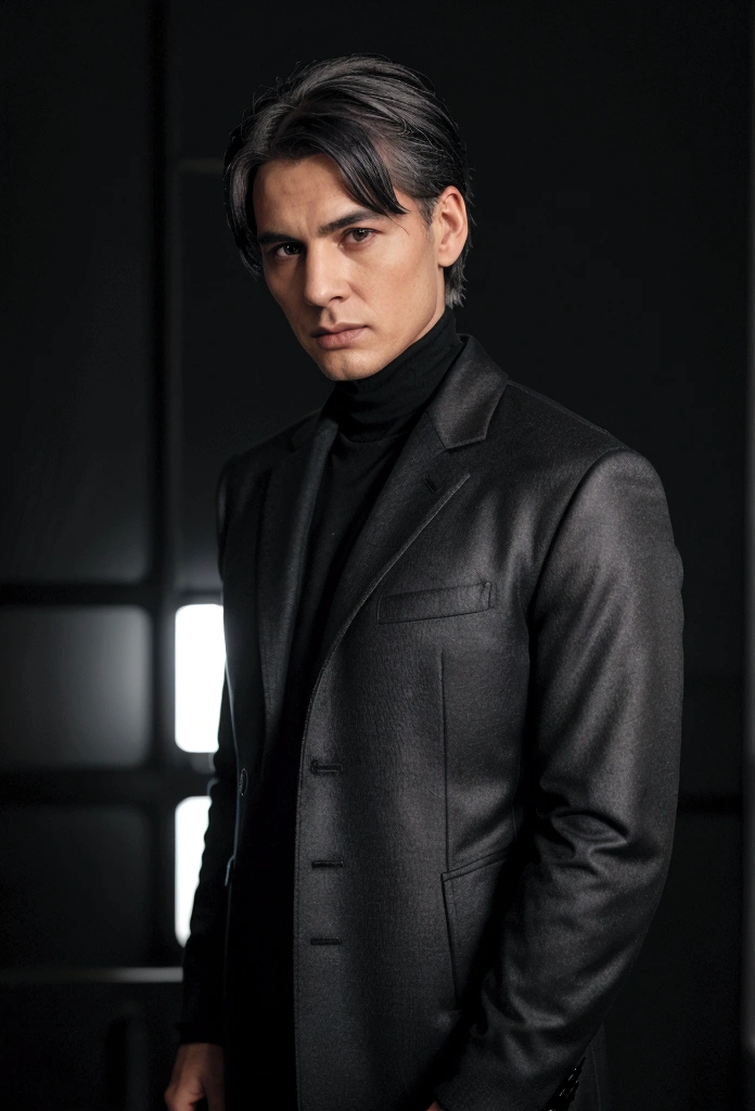 sixty years man, executive suit, thirty degrees left view, hand touch chin, 8k, stylish-elegant haircut, black silver hair, ivory turtleneck t-shirt, black coat, solid dark background, extremely detailed, dimmed backlight, face on camera