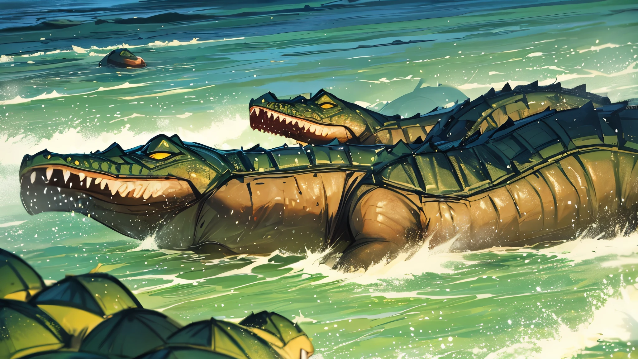 A picture of the angry crocodiles in the river, while the deer runs away happily