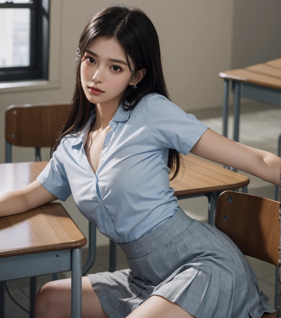 absurdres, RAW photo, extremely delicate and beautiful, masterpiece, Best Quality, ultra high resolution, 32k, hyperrealistic, ultra-detailed, in her 20s, very Slim body, narrow waist, very small head, very small face, delicate facial features, tearful mole, earring, very huge round breasts, ((full body shot)), medium hair, black hair, ((school_uniform)), ((classroom)),
