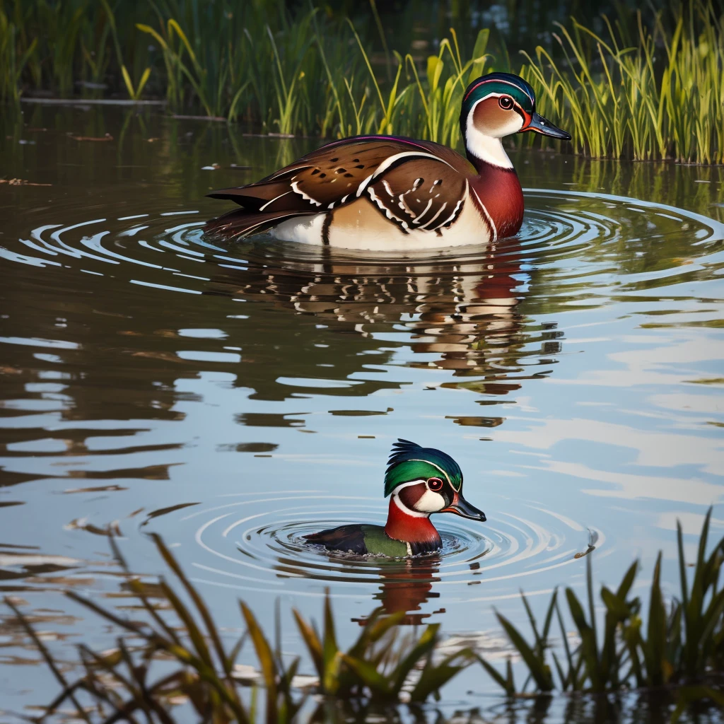 wood duck swimming in a grassing pond. Close shot.