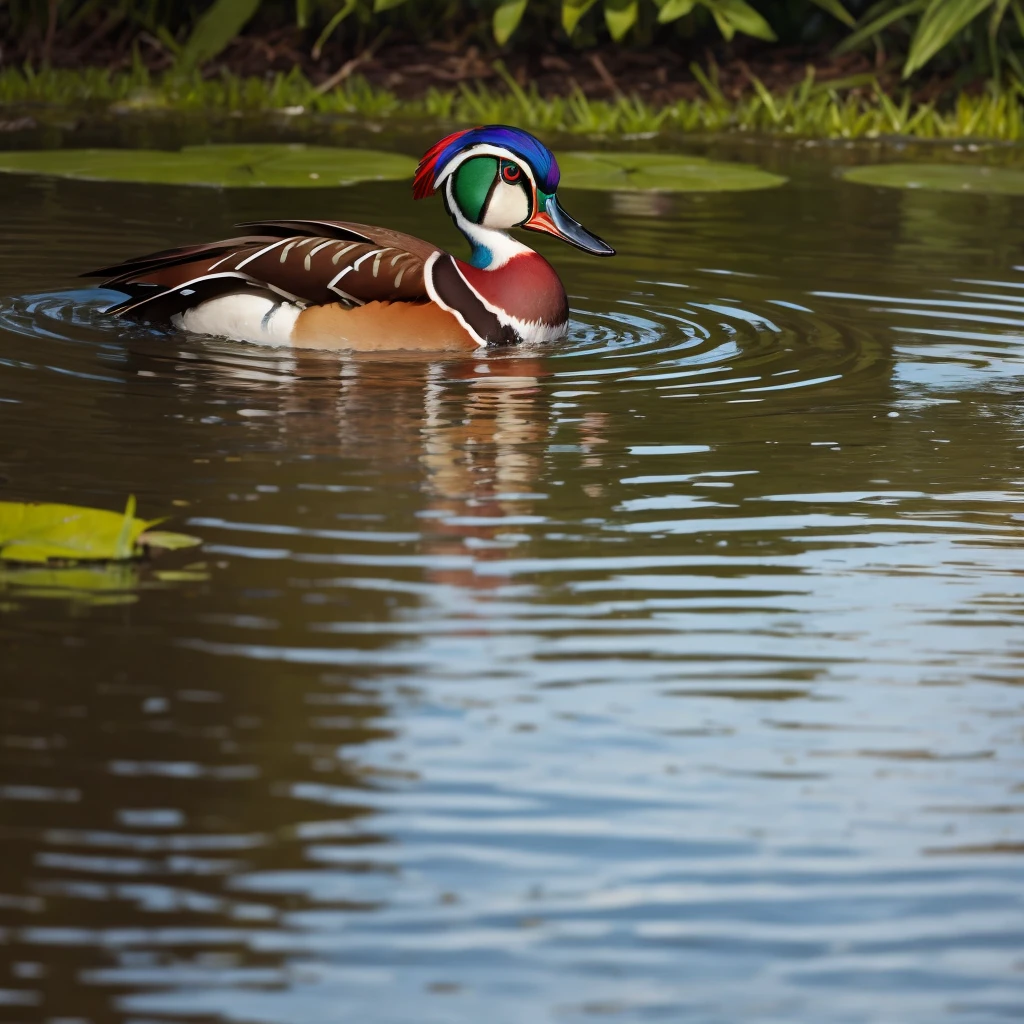 wood duck swimming in a grassing pond. Close shot.