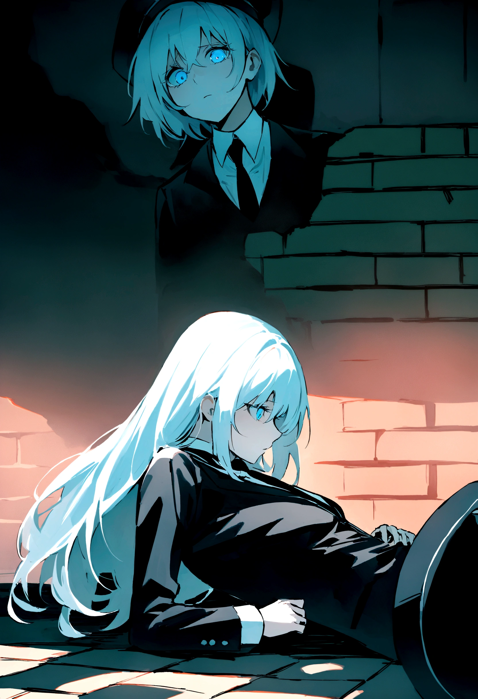 Draw a girl with a black police hat , his black butler uniform with a black tie he has white hair his light blue eyes, who is sitting on the ground leaning her back against the destroyed brick wall while having her head bowed ,that 6 holes in the stomach drawing blood and having a lost look