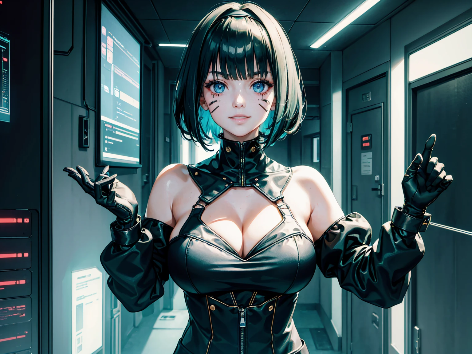 masterpiece, Best quality, (1 girl), (solo) (front facing), (upper body), (smile),(from front), (portrait), (night), (pose for picture), (dystopian city street), (large ), (cleavage), (long hair),, black costume, black, gloves, dress boots, black gloves, puffy sleeves, black dress) (blak hairband),(cyberpunk costume), (green hair), (blue eyes), feather-trimmed sleeves anime, realistic, masterpiece, (bobcut, bangs), (A2 costume) (cyber_mark), ( facial mark), (cyberpunk suit), (j4nu4ryj0n3s cleavage), (demure), (dark room), (neon lights), (cyberpunk room), (focus on body), (look at front), (look at viewer)