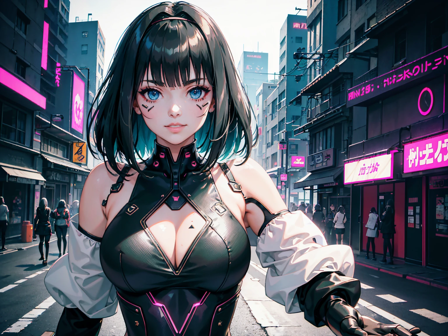 masterpiece, Best quality, (1 girl), (solo) (front facing), (upper body), (smile),(from front), (portrait), (night), (pose for picture), (dystopian city street), (large breast), (cleavage), (long hair),, black costume, black, gloves, dress boots, black gloves, puffy sleeves, black dress) (blak hairband),(cyberpunk costume), (green hair), (blue eyes), feather-trimmed sleeves anime, realistic, masterpiece, (bobcut, bangs), (A2 costume) (cyber_mark), ( facial mark), (cyberpunk suit), (j4nu4ryj0n3s cleavage), (demure), (dark room), (neon lights), (cyberpunk room), (focus on body), (look at front), (look at viewer)