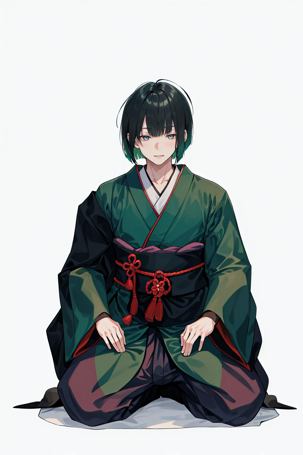 1 boy, 24 years old, full body, blunt bangs, bob cut, dark green hair, ((transparent background)),(solo),standing,{{{{Japanese monk}}}}},(wearing shoes on feet),{{wearing an article of clothing in the same manner as a kasaya}}},{{glaze}},{{Hair shine}},((is wearing Japanese Monk’s Clothing)),good young man, beautiful detailed eyes,gray eyes,black hair,good looking,((an extremely delicate and beautiful)),make the eyes the same shape and color on both sides, seiza, from front,