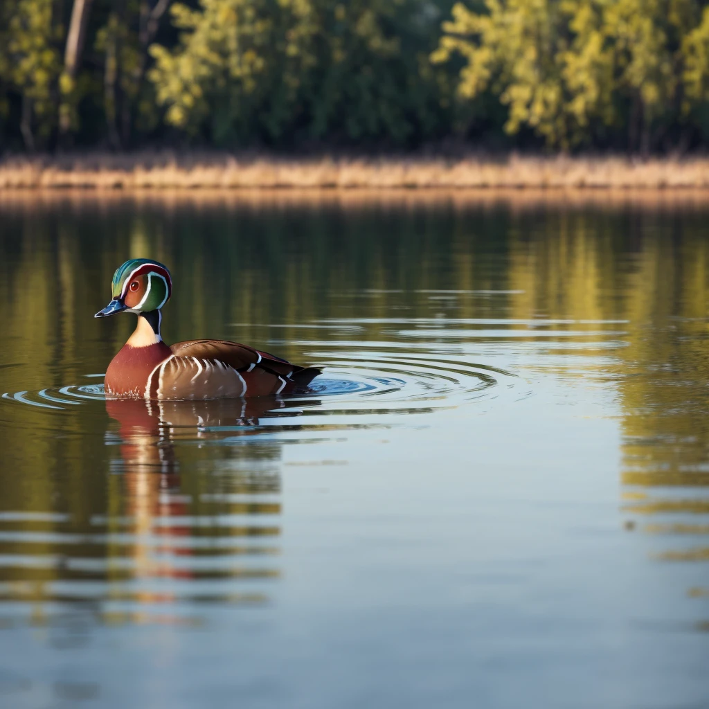 wood duck swimming in a grassing pond. Close shot.
