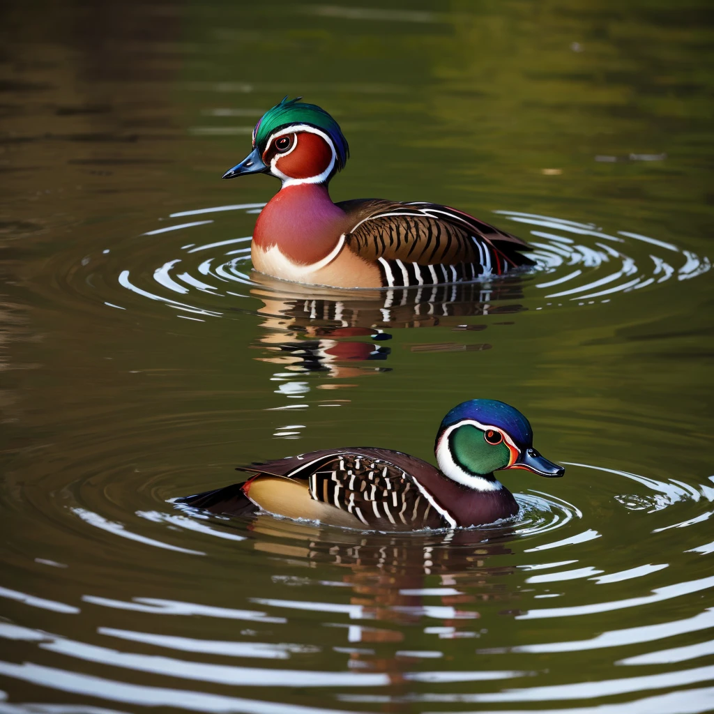 wood duck swimming in a grassing pond. Close shot.